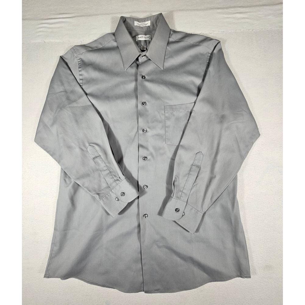 Van Heusen Mens Grey Grid Sateen Button Up Shirt 16.5 32/33 Long Sleeve